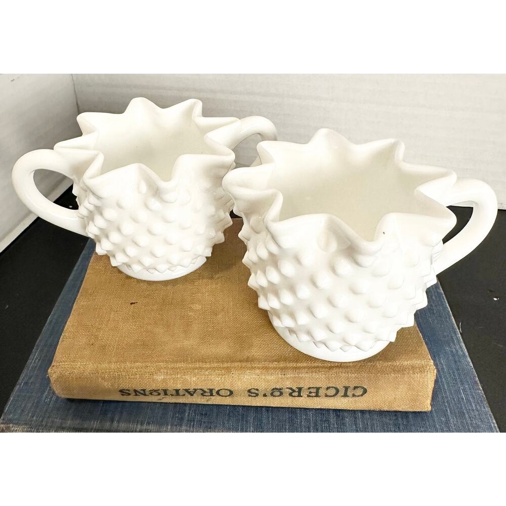White Milk Glass Hobnail Vintage Sugar and Creamer Set with Ruffled Edge